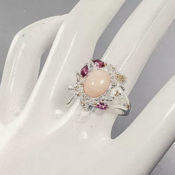 Gorgeous pink Opal & Pink Rhodolite Sapphires bumble bee sterling ring sz8.5 - Picture 4 of 10